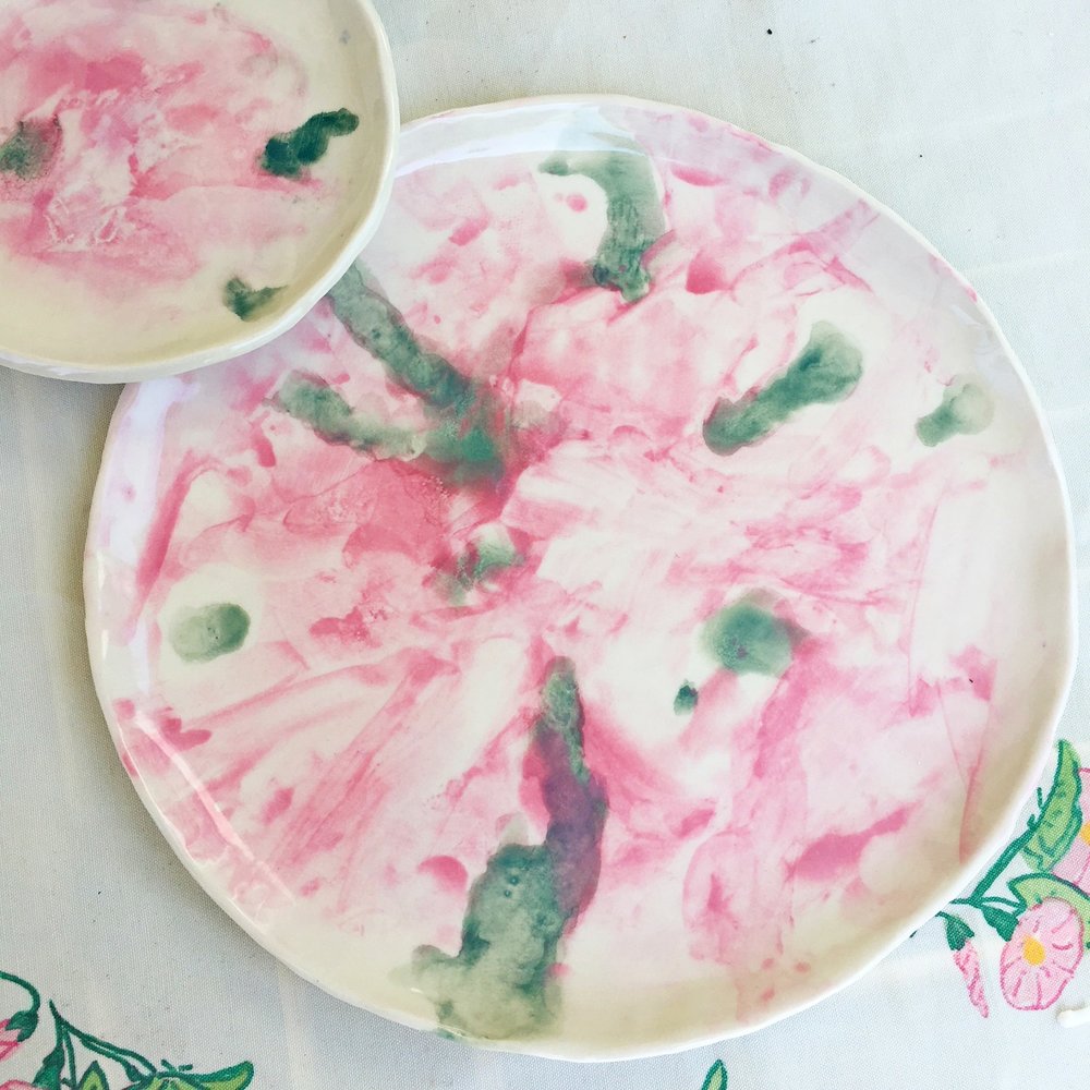 1000x1000 Pink And Green Watercolor Dinnerware Set Of 8 ( 4 Dinner Amp 4 - Pink Watercolor