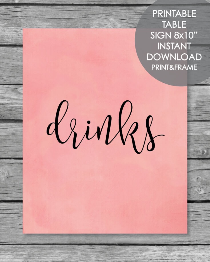 735x919 Printable Drinks Table Sign - Pink Watercolor