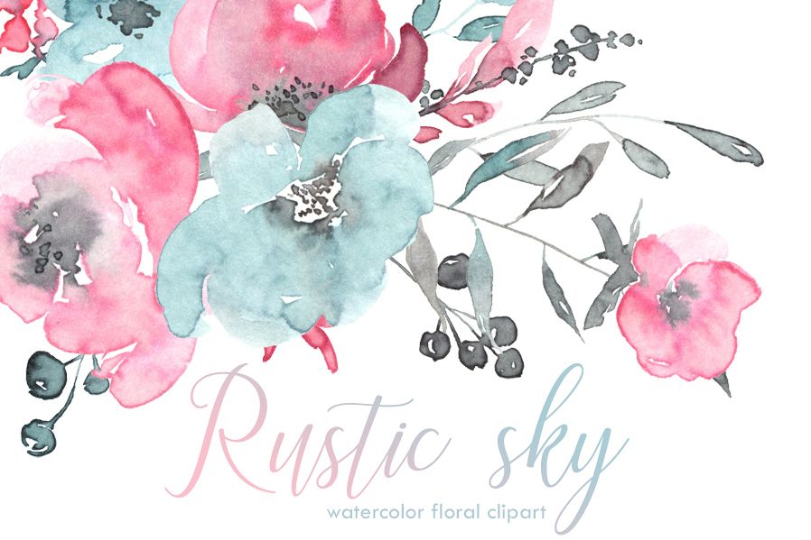 898x599 Rustic Pink, Blue Watercolor Flowers - Pink Watercolor Flowers