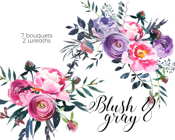 570x456 Watercolor Flowers Pink Gray Florals Digital Clipart Png Etsy - Pink Watercolor Flowers