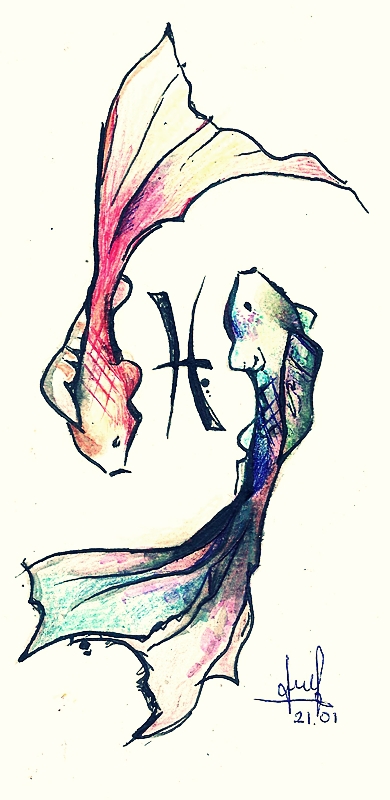 390x800 Watercolor Pisces With Symbol Tattoo Design By Kira - Pisces Watercolor