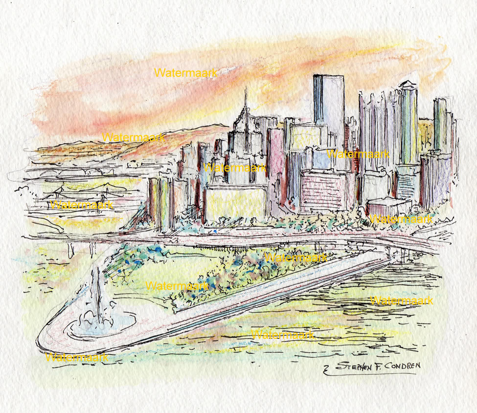 975x845 Pittsburgh Skyline Watercolor Painting Of Downtown At Sunset - Pittsburgh Watercolor