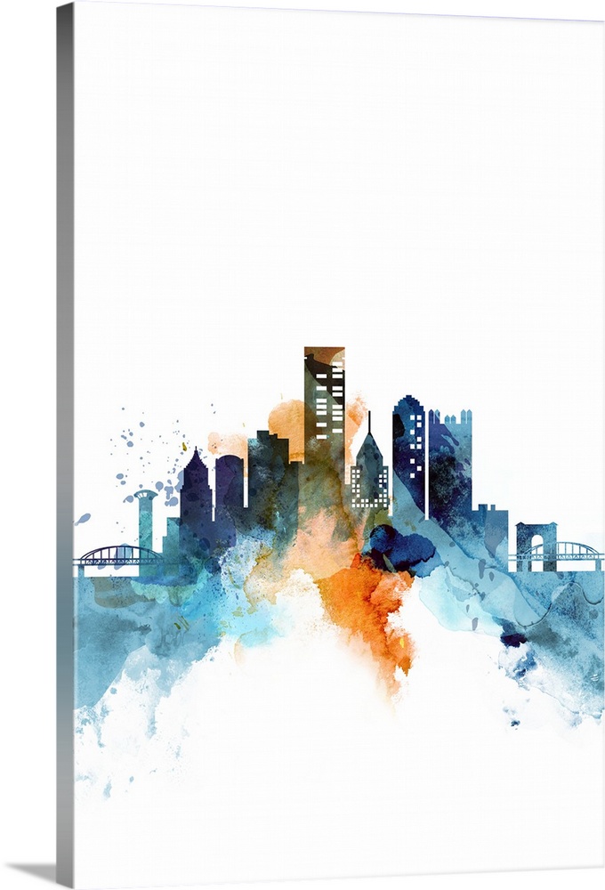 680x1000 Pittsburgh Watercolor Cityscape Wall Art, Canvas Prints, Framed - Pittsburgh Watercolor