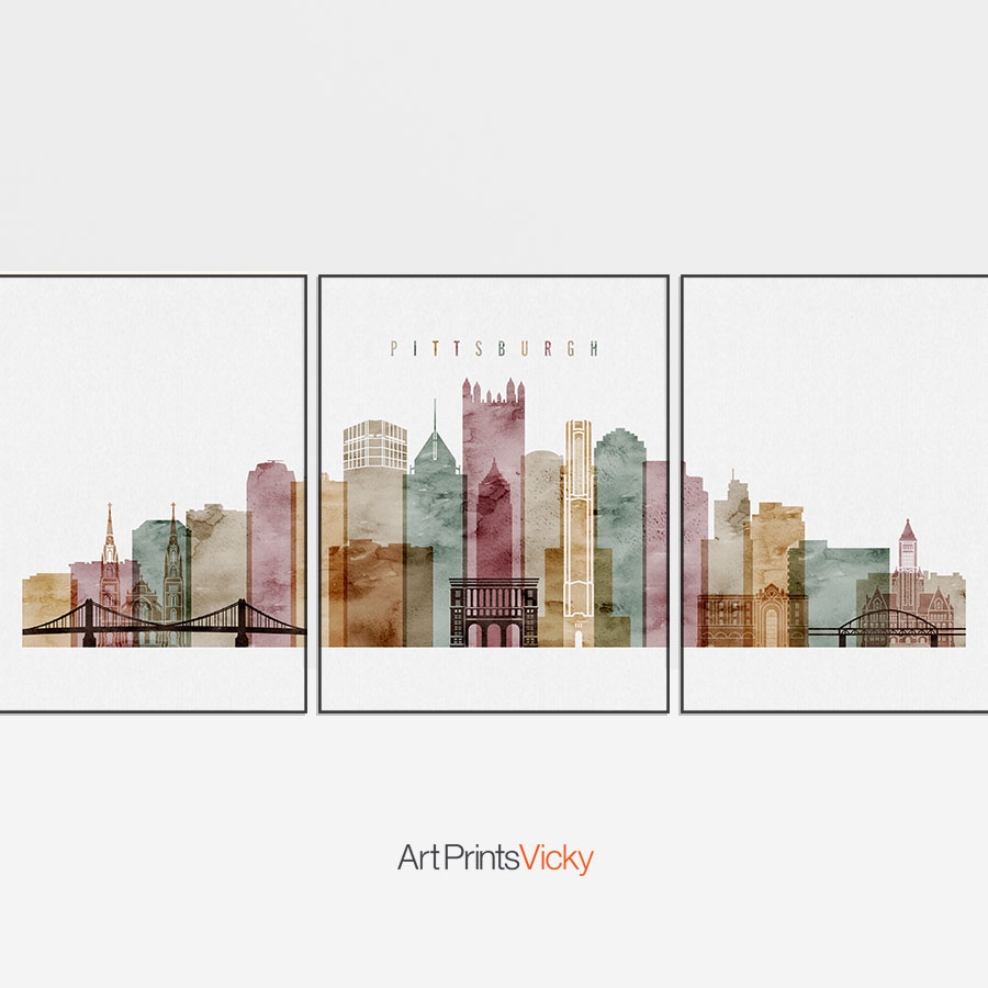 900x900 Pittsburgh Set Of 3 Prints Skyline Watercolor 1 Artprintsvicky - Pittsburgh Watercolor