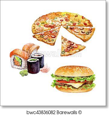 362x382 Art Print Of Set Of Watercolor Fast Food With Burger, Sushi, Pizza - Pizza Watercolor