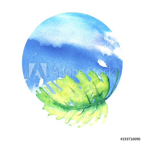 500x497 Green Branch With Leaves And Blue Planet Earth. A Round Watercolor - Planet Earth Watercolor