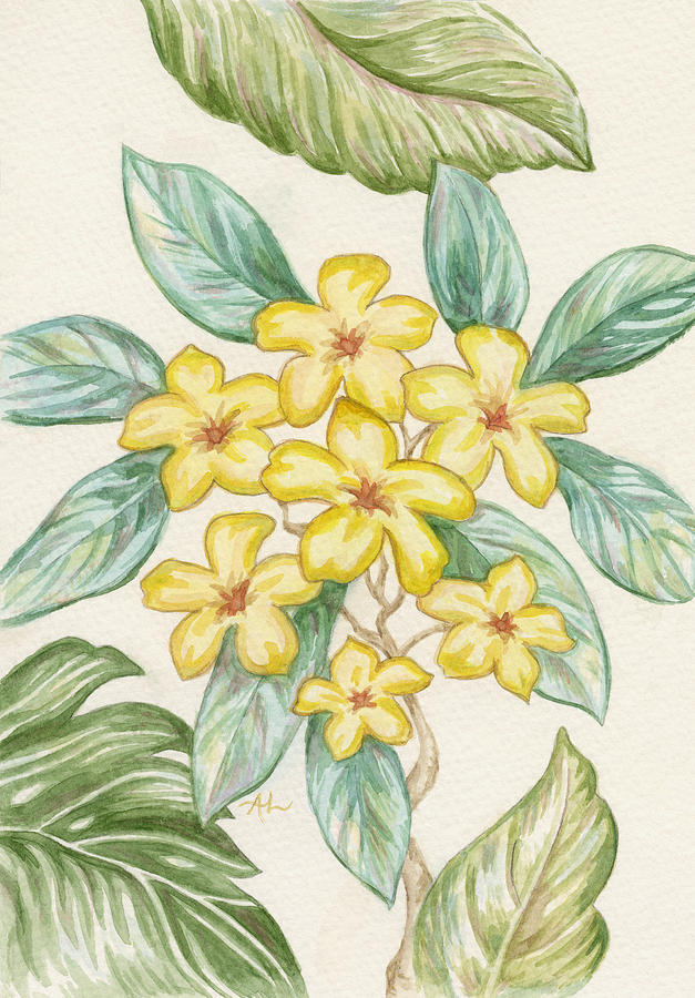627x900 Yellow Plumeria Watercolor Painting By Annamarie Lombardo - Plumeria Watercolor