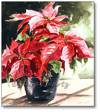 415x465 Julia Swartz Fine Art Gallery Red Poinsettia Watercolor Painting - Poinsettia Watercolor Paintings