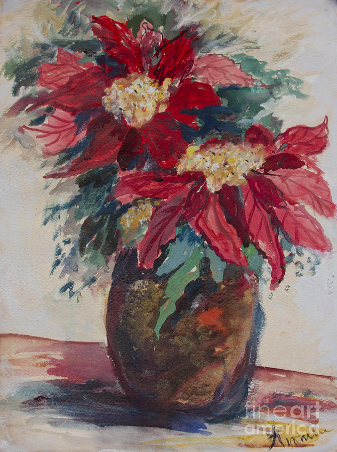 671x900 Poinsettias In A Brown Vase Painting By Avonelle Kelsey - Poinsettia Watercolor Paintings