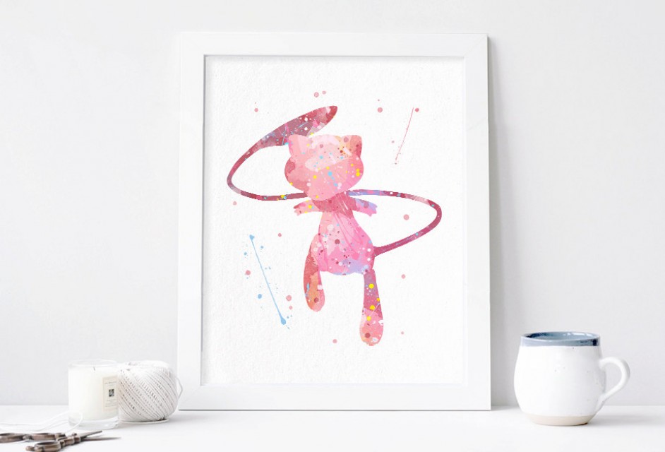 942x640 Pokemon Mew Poster Wall Art Watercolor Nursery Pokemon Decor Artwork - Pokemon Watercolor