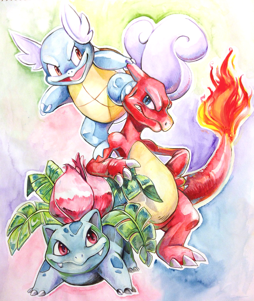 1006x1193 Watercolor Kanto Starters By Kuitsuku () Pokemon - Pokemon Watercolor