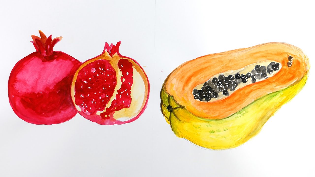 1280x720 Watercolor Painting How To Draw Watercolor Papaya Amp Pomegranate - Pomegranate Watercolor