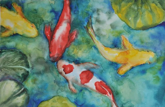 570x369 Tuquoise Koi Pond Watercolor Painting On Paper Red Gold Etsy - Pond Watercolor