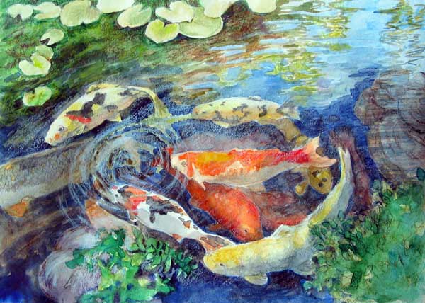 600x428 Wip Of New Koi Pond Painting - Pond Watercolor