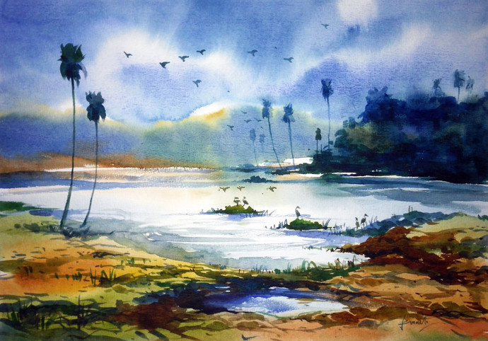 690x482 Village Pond By Artist Prasanta Maiti Impressionism, Painting - Pond Watercolor