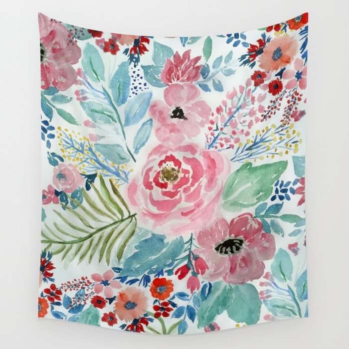 700x700 Pretty Watercolor Hand Paint Floral Artwork. Wall Tapestry By - Pretty Watercolor