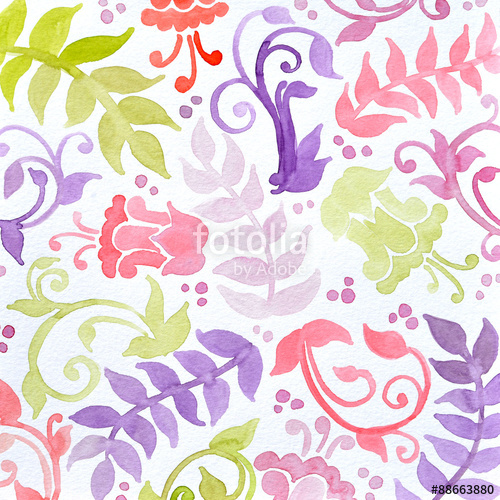 500x500 Floral Pattern Watercolor Painting In Green Yellow And Purple Pink - Pretty Watercolor Background