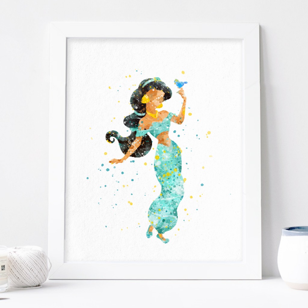1024x1024 Princess Jasmine Art, Aladdin Watercolor Print Nursery Wall Decor - Princess Jasmine Watercolor