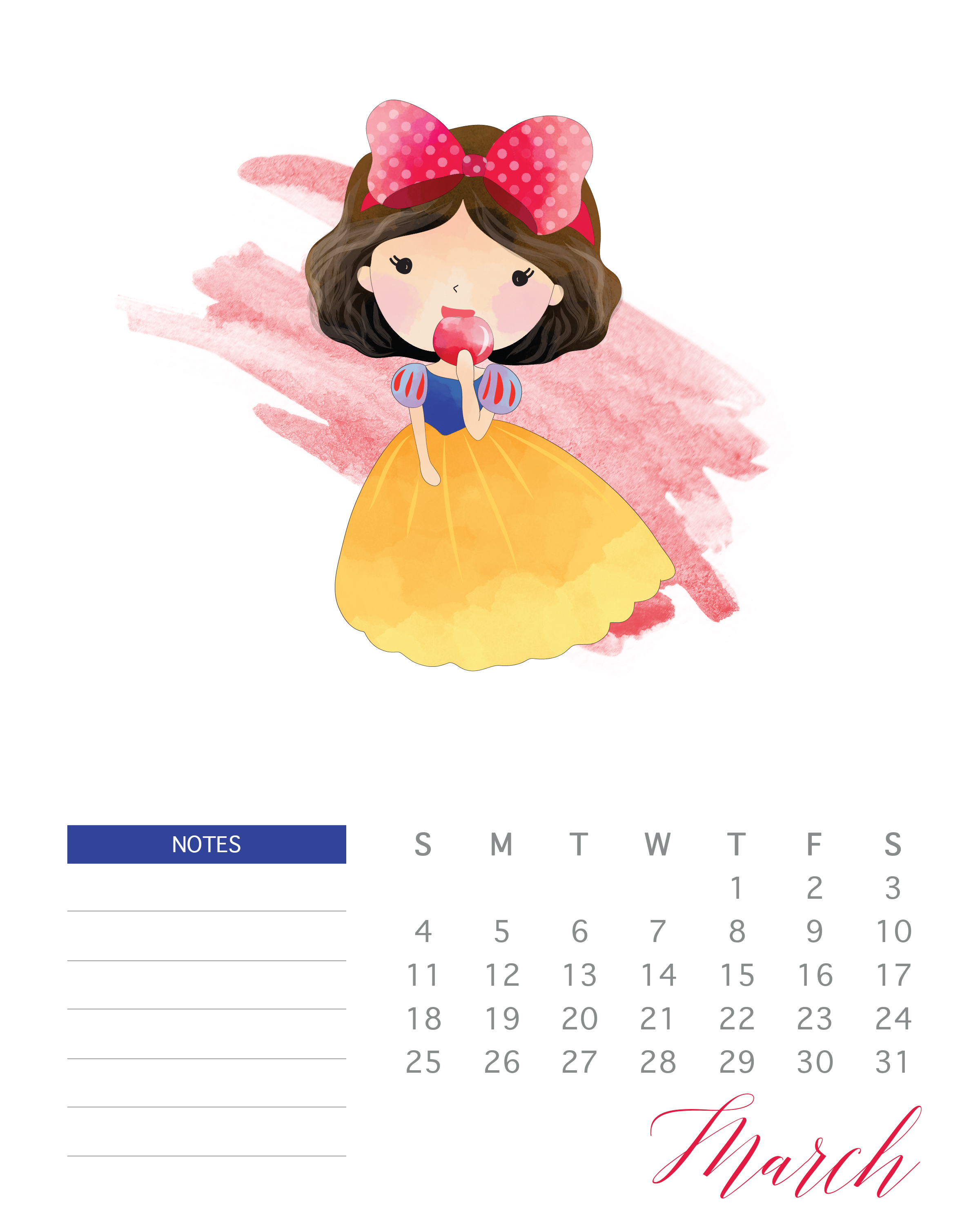 2400x3000 Free Printable Watercolor Princess Calendar The Cottage Market - Princess Watercolor