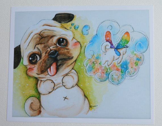 570x442 Pug Dog Art Pug Watercolor Beige Pug Fantasy Pug Pug Etsy - Pug Watercolor