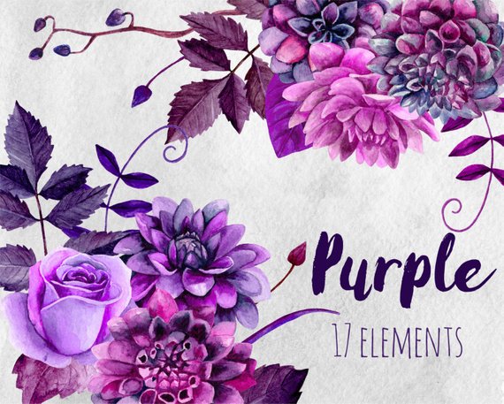 570x457 Watercolor Purple Flowers Clip Art Boho Bouquet Floral Clipart Etsy - Purple Flower Watercolor
