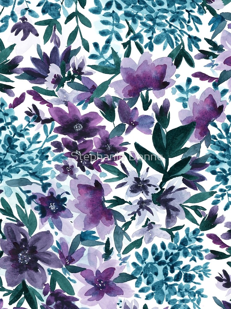 750x1000 Moonlight Garden Watercolor Flowers Purple Blue Green Peacock - Purple Green Watercolor