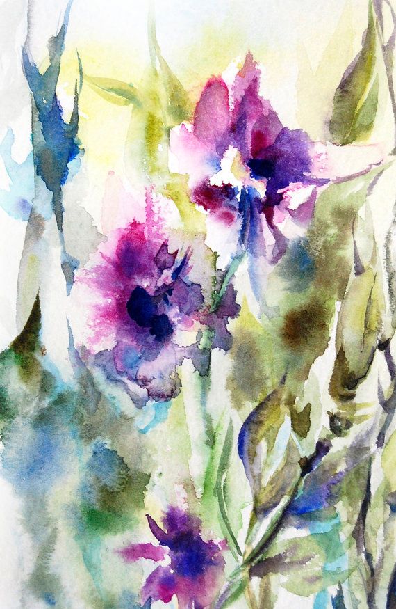 570x875 Abstract Flowers Watercolor Painting Art Print, Green Purple - Purple Green Watercolor