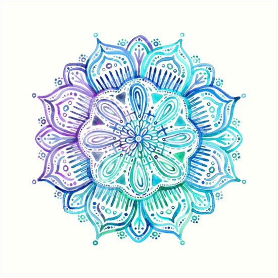 550x550 Iridescent Aqua And Purple Watercolor Mandala Art Prints By - Purple Watercolor Art