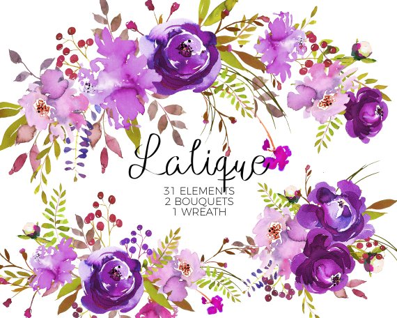 570x456 Purple Watercolor Flowers Clipart Set Wedding Floral Bouquets Etsy - Purple Watercolor Art