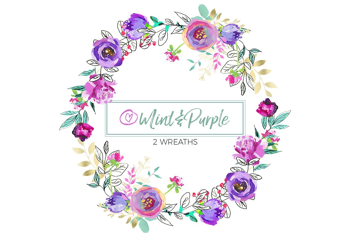 1140x772 Mint And Purple Watercolor Flowers By Whiteheartdesign - Purple Watercolor Flowers