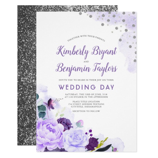 540x540 Purple And Silver Floral Watercolor Wedding Invitation - Purple Watercolor Wedding Invitations