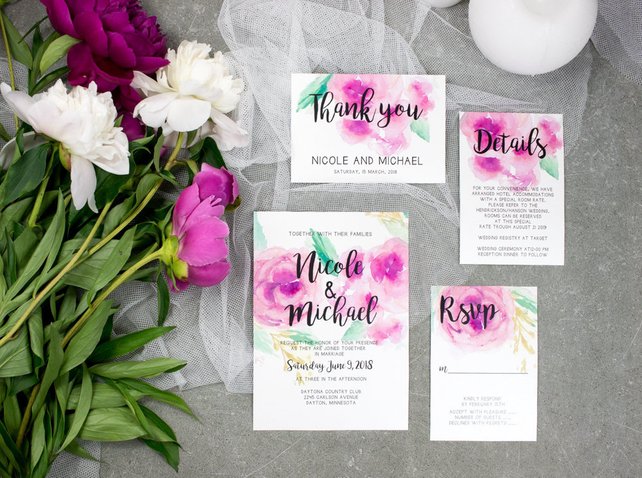 642x478 Purple Watercolor Wedding Invitation Suite Printed Moody Etsy - Purple Watercolor Wedding Invitations