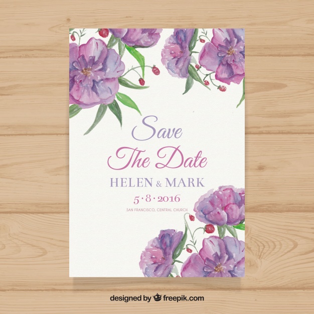 626x626 Watercolor Wedding Invitation With Purple Flowers Vector Free - Purple Watercolor Wedding Invitations