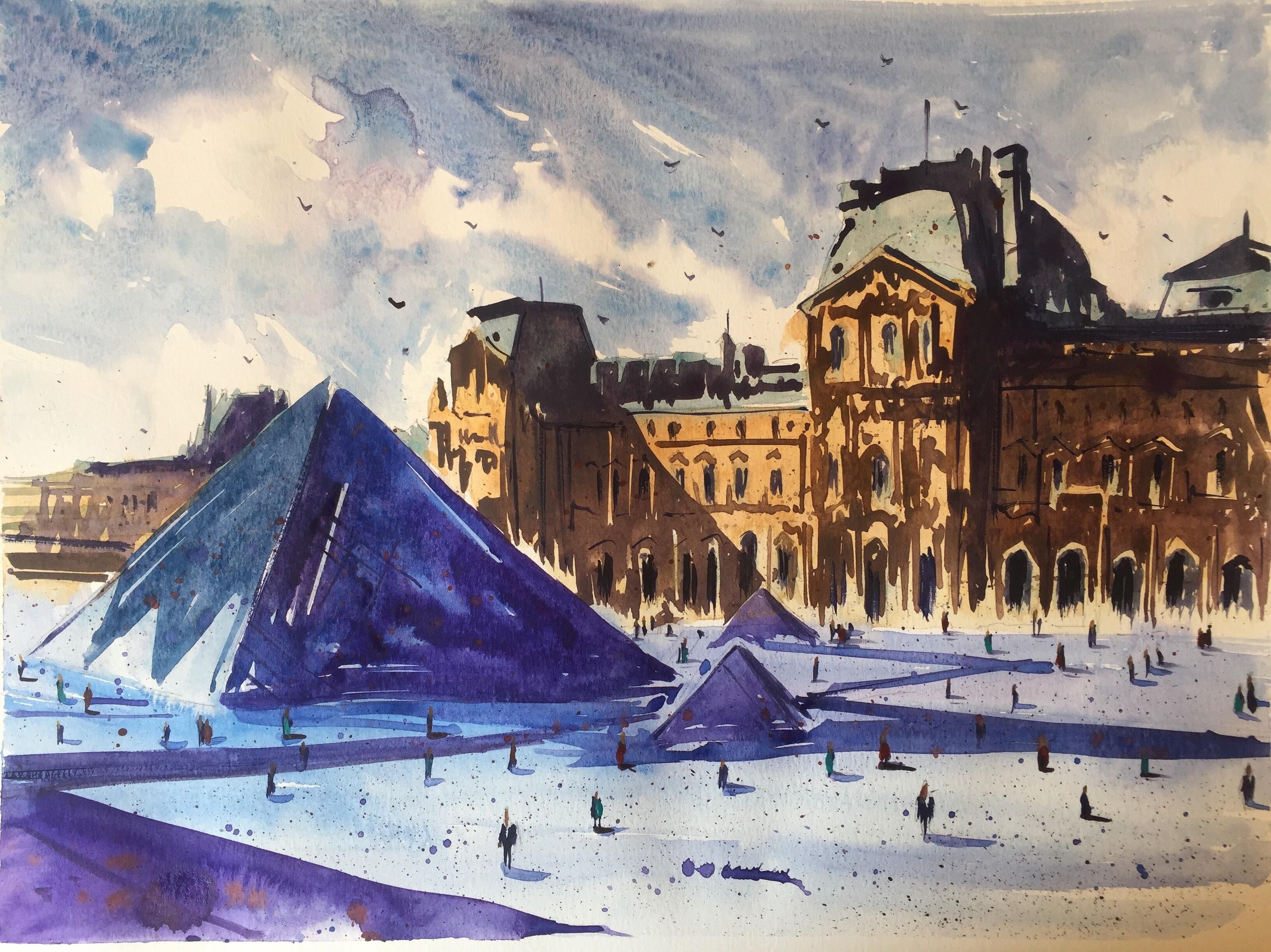 3264x2445 Louvre. Watercolor. 40x30cm. Art Louvre - Pyramid Watercolor