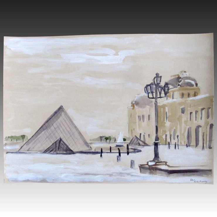 740x740 Paris In The Snow Ink Drawing With Watercolor Le Louvre Pyramid - Pyramid Watercolor