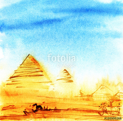 500x490 Real Watercolor Sketch Of Egyptian Pyramids On A Blue Sky. Hand - Pyramid Watercolor