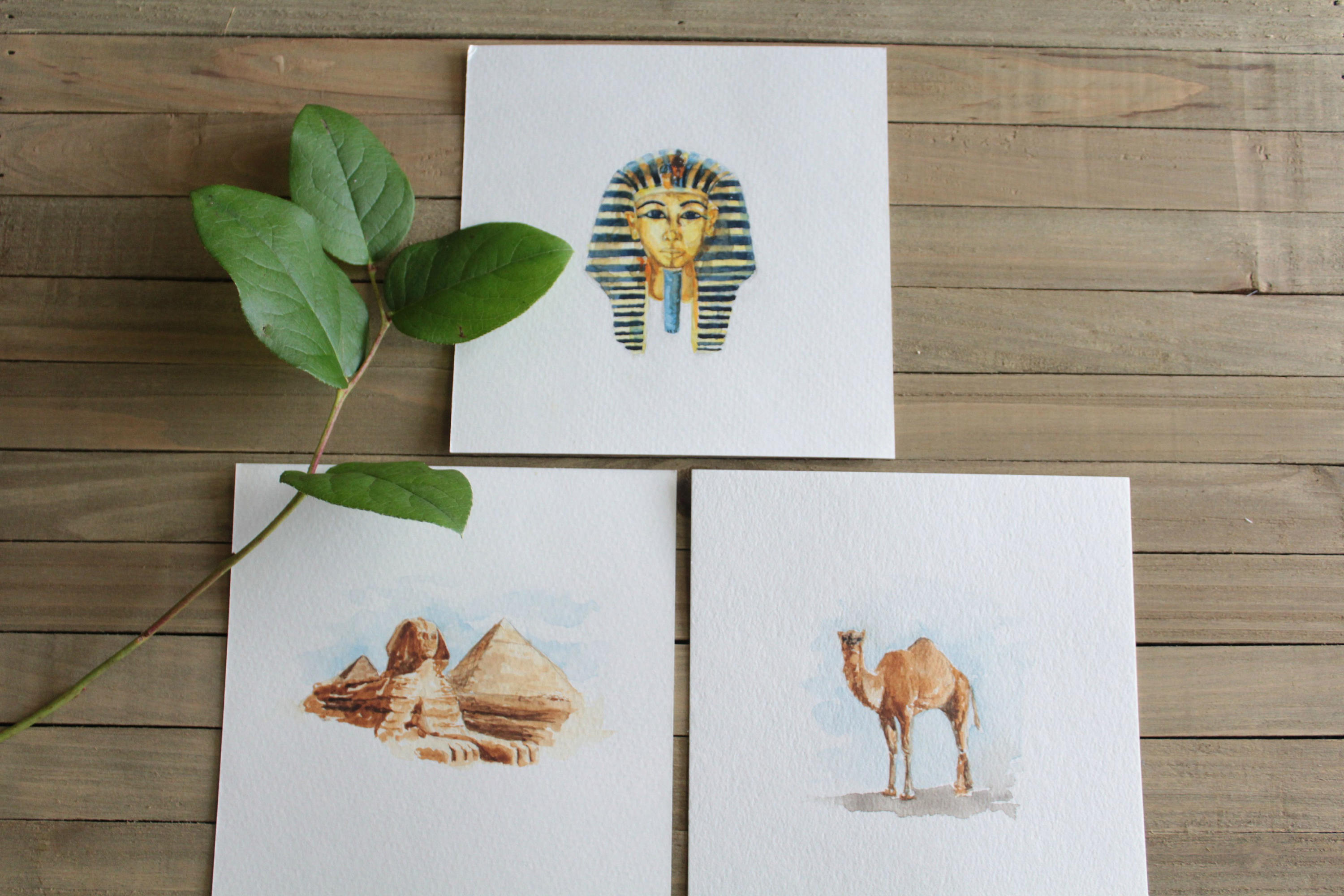 3000x2000 Set Of 3 Egypt Themed Watercolor Paintings Dromedary Camel - Pyramid Watercolor
