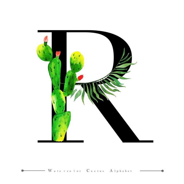 640x640 Alphabet Letter R With Watercolor Cactus And Leaves Background - R Watercolor