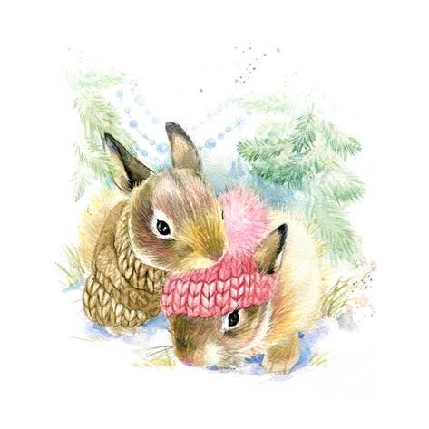 473x473 Cute Bunny In Winter Forest. Cute Rabbit Watercolor Drawing. Bunny - Rabbit Watercolor