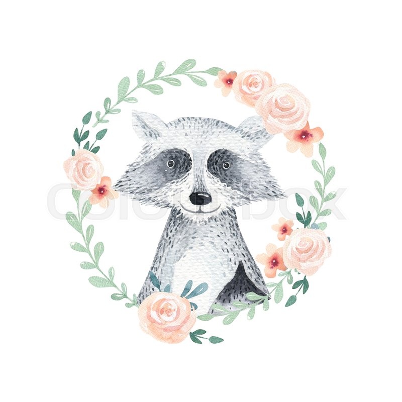 800x800 Watercolor Boho Floral Wreath With Raccoon. Watercolour Bohemian - Raccoon Watercolor