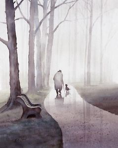 239x300 Old Man Walking His Dog In Rain Watercolor Painting Giclee Print - Rain Watercolor Painting