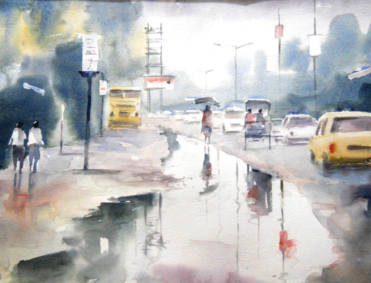 1200x916 Rain Drenched By Artist Sajal K. Mitra Impressionism, Painting - Rain Watercolor Painting