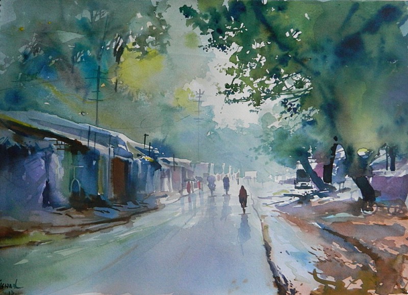 800x579 Rain By Artist Bijay Biswaal Nature Art Watercolor Paintings - Rain Watercolor Painting
