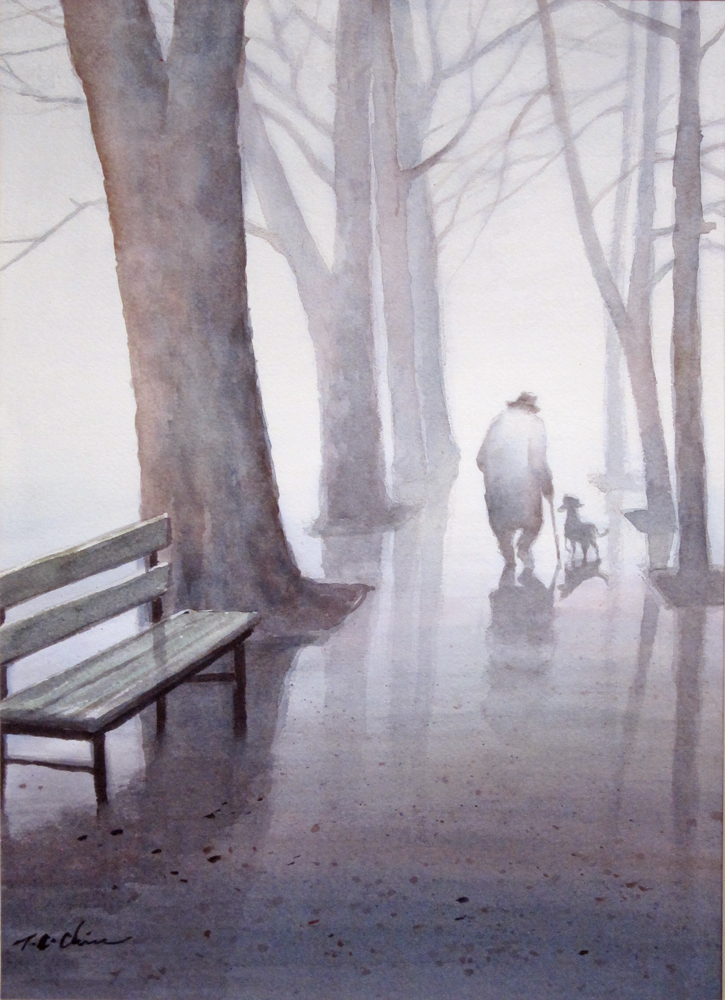 725x1000 Tan Chun Chiu Artwork Man Walking Dog In A Rainy Park Original - Rain Watercolor Painting