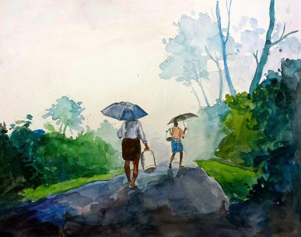 1041x820 Abdul Hakeem Watercolor Paintings Rain.... Kerala Watercolor Painting - Rain Watercolor Painting
