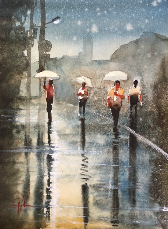 550x750 Watercolor Paintings Of A Japanese Festival In The Rain - Rain Watercolor Painting
