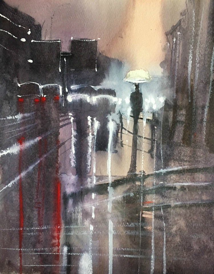 750x960 Bright Lights In The Rain - Rain Watercolor Painting