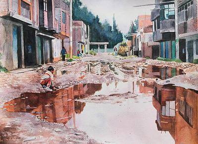 400x291 Children In A Rainy Street Original Watercolor Painting - Rain Watercolor Painting