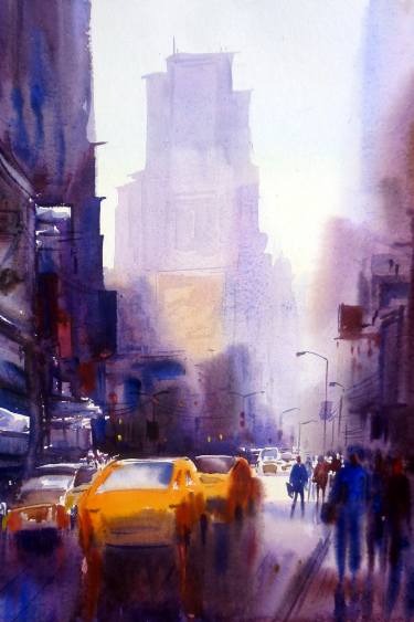 375x563 City After Rain Watercolor On Paper Painting Painting By Samiran - Rain Watercolor Painting