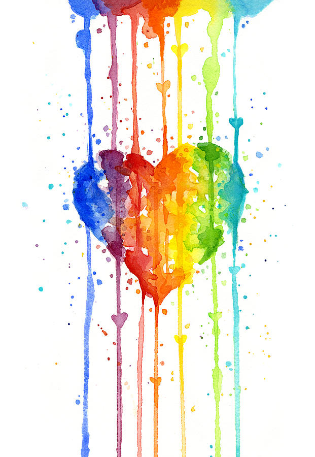 621x900 Rainbow Watercolor Heart Painting By Olga Shvartsur - Rainbow Watercolor